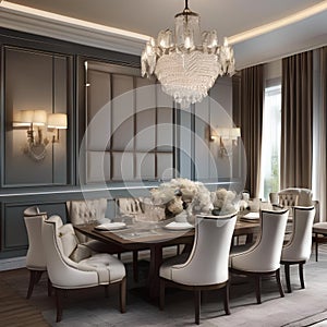 An elegant formal dining room with a large table and upholstered chairs2