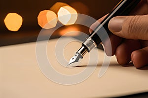 Elegant fountain pen signing document, with soft bokeh lights in background