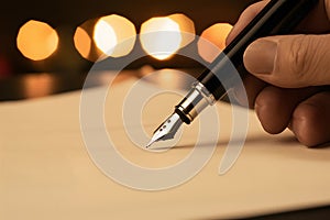 Elegant fountain pen signing document, with soft bokeh lights in background