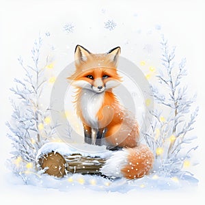 Elegant Fox by Snow-Laden Log with Falling Snowflakes photo