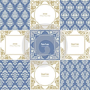 Elegant frames and damask seamless patterns set.