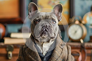 Elegant French Bulldog in Stylish Tweed Jacket Sitting in a Vintage Office Interior with Antique Globes and Clock