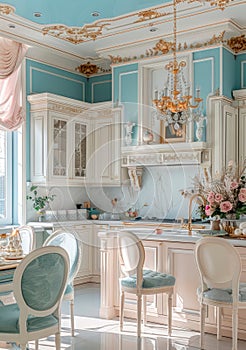 Elegant French country kitchen with ornate details and pastel colors golden hour lighting