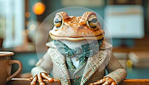 Elegant frog in a tweed jacket and polka dot scarf