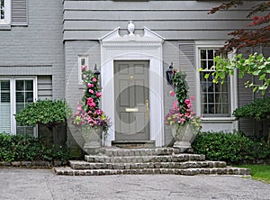 Front door of house with potted flowers