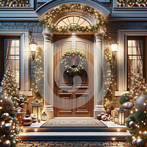 Elegant Front Entrance Door Decorations Christmas Holiday Celebrating Season Wreath AI Generated