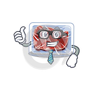 An elegant frozen beef Businessman mascot design wearing glasses and tie