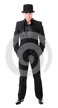 Elegant full-length young man in black suit