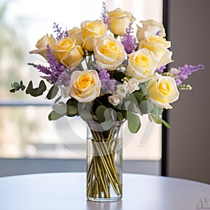 Elegant Fusion: Yellow Roses And Lavender In A Nikon D750 Captured Vase