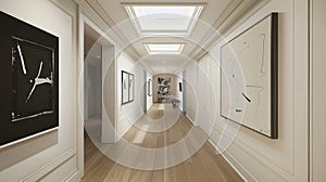 Elegant gallery-inspired hallway with modern artwork and skylights