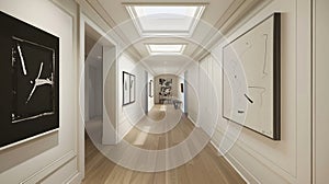 Elegant gallery-inspired hallway with modern artwork and skylights photo