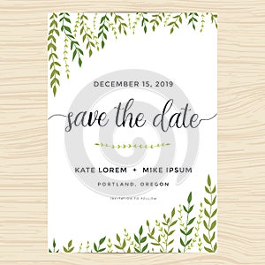 Elegant garden leafs design for save the date card, wedding invitation template.