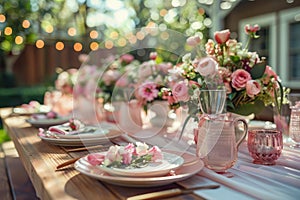 Elegant Garden Party Table Setting with Floral Decorations and Festive Lights