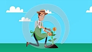 Elegant gardener businnessman with coins plant character animated