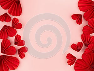 Elegant gentle Valentine day background with red origami paper hearts fly on soft light pastel pink background, sideways border.