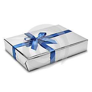 Elegant gift box with blue ribbon