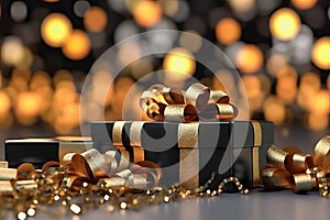 Elegant Gift Box with Golden Ribbon on Blurred Bokeh Background - Generative AI