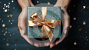 Elegant gift box with golden ribbon in woman\'s hands, adorned with stars on dark background, for holidays, special occasions