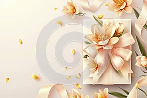 Elegant Gift Box Surrounded by Delicate Flowers and Petals on Pastel Background