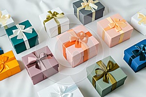 Elegant gift boxes arranged on a white background. Wedding gift concept