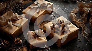 Elegant gift boxes tied with ribbons on a festive dark backdrop. luxurious presents, seasonal gifting concept captured