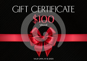 Elegant Gift Certificate with Silk Red Bow and Ribbon. Vector Illustration. EPS10