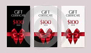 Elegant Gift Certificate with Silk Red Bow and Ribbon. Vector Illustration. EPS10