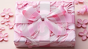 Elegant gift packaging with large bow on draped background in light pink tones, top view