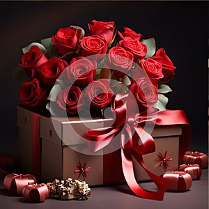 Elegant gift with red bow and red roses on a dark background. Flowering flowers, a symbol of spring, new life