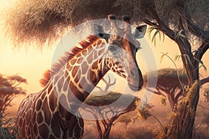 Elegant giraffe with its long tongue sticking out, reaching for leaves on a tall tree in the African savannah during sunset