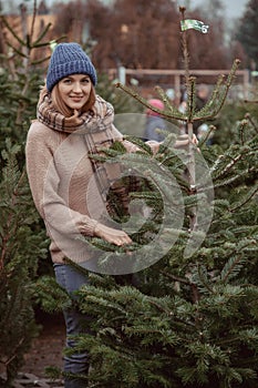 Elegant girl buys a Christmas tree. Womanin a blue cap and scarf. Beautiful lady with blond hair.
