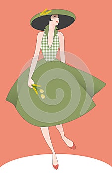 Elegant girl dressed in the style of the 50s, wearing a hat and a bouquet of wheat ears and tulips