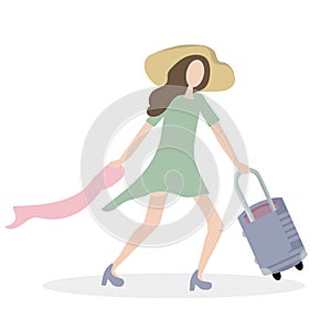 Elegant girl with a suitcase goes on a journey, towards adventure. she runs to the airport or train station, in a hurry.  She wear