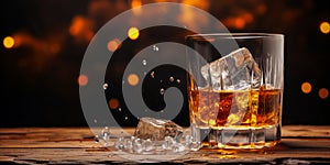 Elegant glass of amber whiskey with ice on a rustic wooden table against a warm dark background with floating dust particles