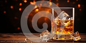 Elegant glass of amber whiskey with ice on a rustic wooden table against a warm dark background with floating dust particles