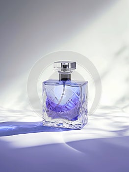 Elegant glass bottle of blue perfume.
