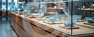 An elegant glass display showcasing meticulously arranged luxury items. Concept Luxury Display, Glass Showcase, Meticulously