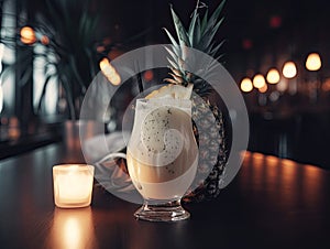 Elegant glass of pinna colada drink with fruit slice as decoration. Bokeh lights background.