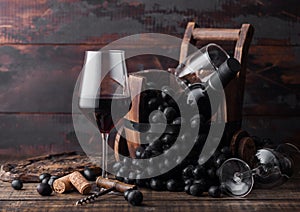 Elegant glass of red wine with dark grapes and bottle of wine inside vintage wooden barrel on dark wooden background. Natural