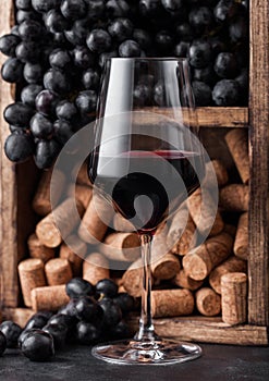 Elegant glass of red wine with dark grapes and corks inside vintage wooden box on black stone background. Natural Light