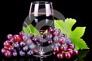 Elegant Glass of Red Wine with Fresh Grapes on Black Background