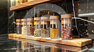 Elegant Glass Spice Jars on Luxurious Kitchen Shelf