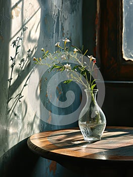 Elegant glass vase on a table adorned with a beautiful blooming flower.