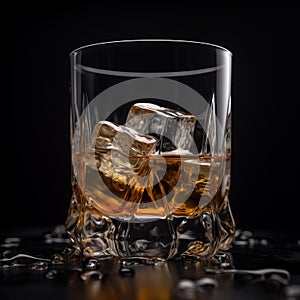 elegant glass of whiskey with ice cubes on black background. Generative A.I