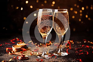 Elegant glasses champagne or Prosecco sparkling wine, dark background, golden bokeh. Holiday concept, New Year, party