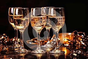 Elegant glasses champagne or Prosecco sparkling wine, dark background, golden bokeh. Holiday concept, New Year, party