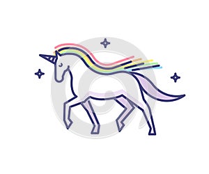 Elegant and glorious unicorn doodle style icon. Vector illustration logo of a sparkling fantasy white horse with rainbow mane