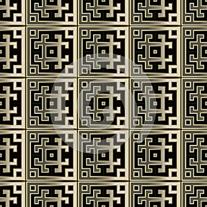 Elegant gold and black greek style vector seamless pattern. Tribal ethnic striped background. Checkered repeat backdrop