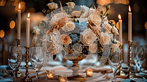 luxurious wedding decor, elegant gold candelabras and satin tablecloths enhance the romantic wedding ambiance, making photo