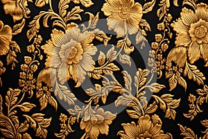 Elegant Gold Floral Embossment on Black Background, AI Generated